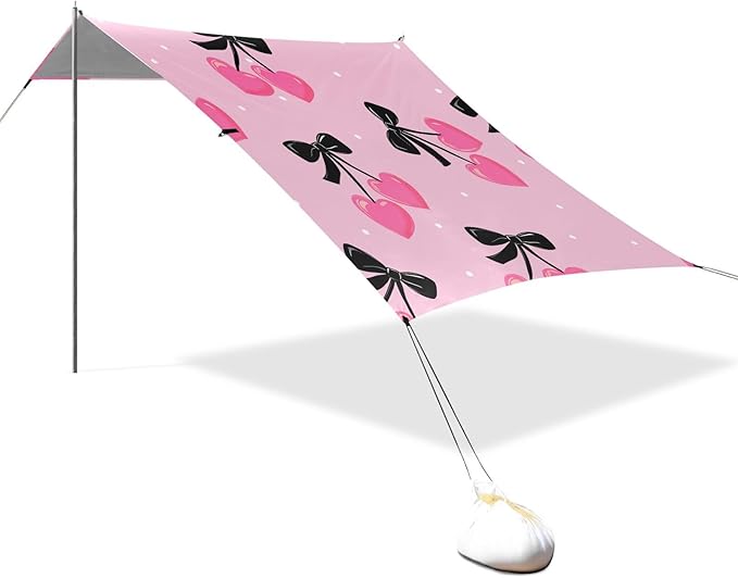 ALAZA Black Bow Pink Heart Beach Tent Sun Shelter Portable Canopy Sunshade for Outdoor Camping Picnics Backyard Fun 10x9 ft