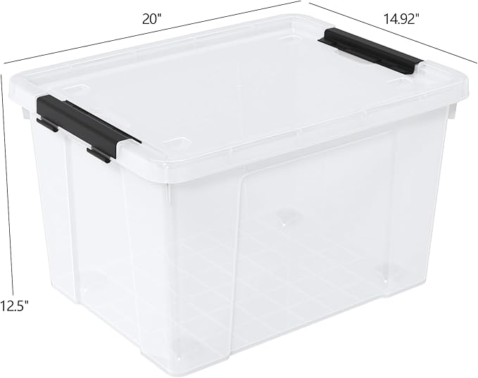 Set of 4 50 L Stackable Plastic Storage Container with Latching Lids and Wheels Clear Home Garage Organization Bins Box See-Through