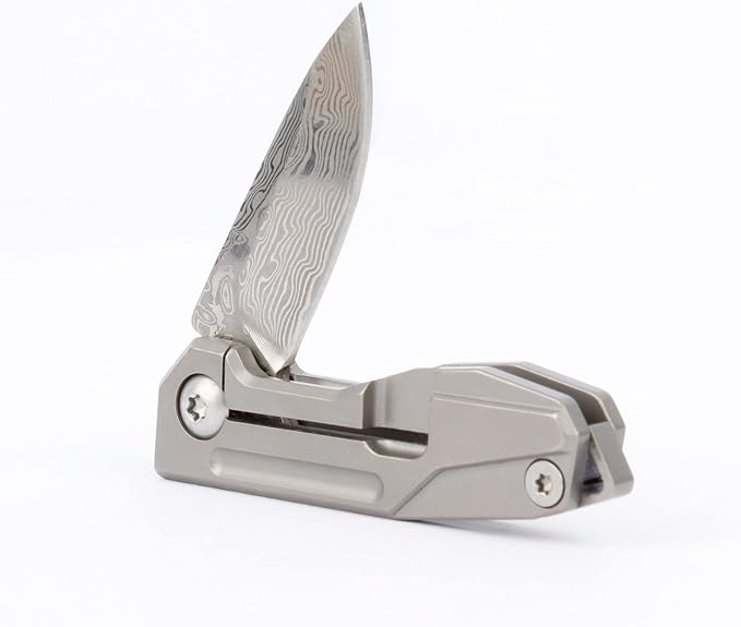 Samior HY002 Ultra Small Little Folding Pocket Flipper Knife 1.3” VG10 Damascus Blade Gray Titanium Handle Frame Lock Mini EDC Keychain Necklace Knives 0.9oz