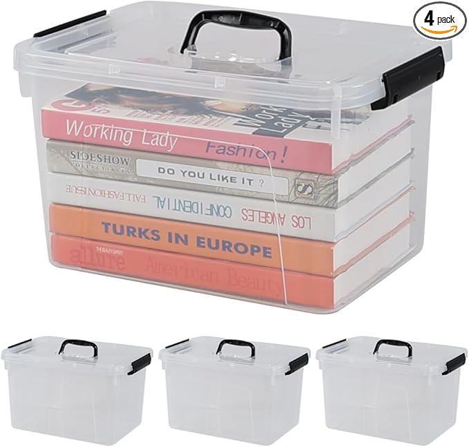 12 Quart Latching Storage Box 4 Pack Clear Plastic Organizer Bin with Handle