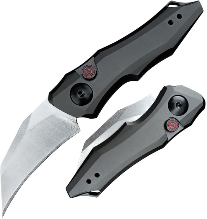 HUAAO Push Button Knife Spring Assisted Opening EDC Folding Pocket knives For Men2.08 inch 8Cr13Mov Hawkbill Bladegray aluminum handleWith Deep Carry Pocket Clip