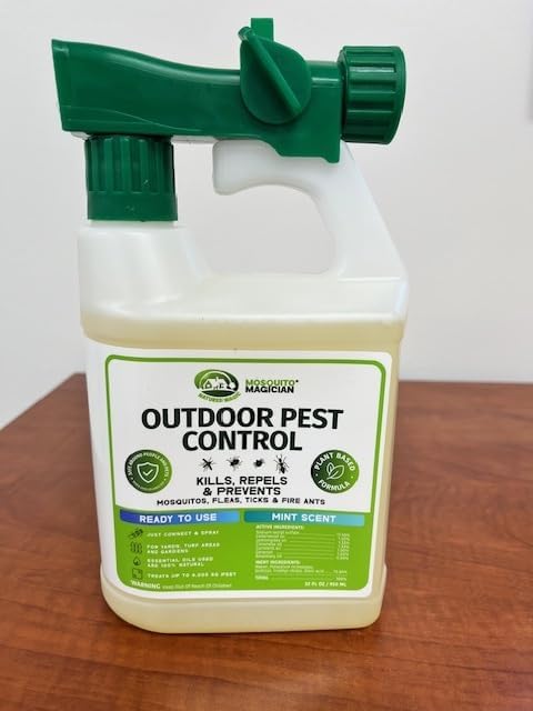 Mosquito Magician Ready to Use Hose Sprayer - Holds 32 Fl Oz of Liquid - Refillable - Kills Mosquitoes Fleas and Fire Ants - for Yards Lawns Patios - with Essential Oils - Mint