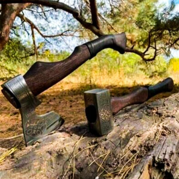20 Inches Length || 2piece Set || Viking Hammer + Hatchet || Carbon Steel || Wood Handle || Norse-Inspired Design || Viking Collectibles || Viking-Themed Gifts || Leather Sheath Included.