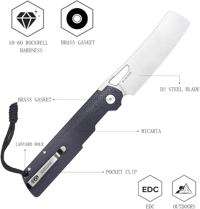 EDC Outdoor Folding Knife 4.01 Camping Chef Pocket Knife for Man Micarta Handle with Pocket Clip for Outdoor Cooking Fishing &amp Hiking.59-60 HRC D2 Steel Satin Blade. XUN119A-BMS