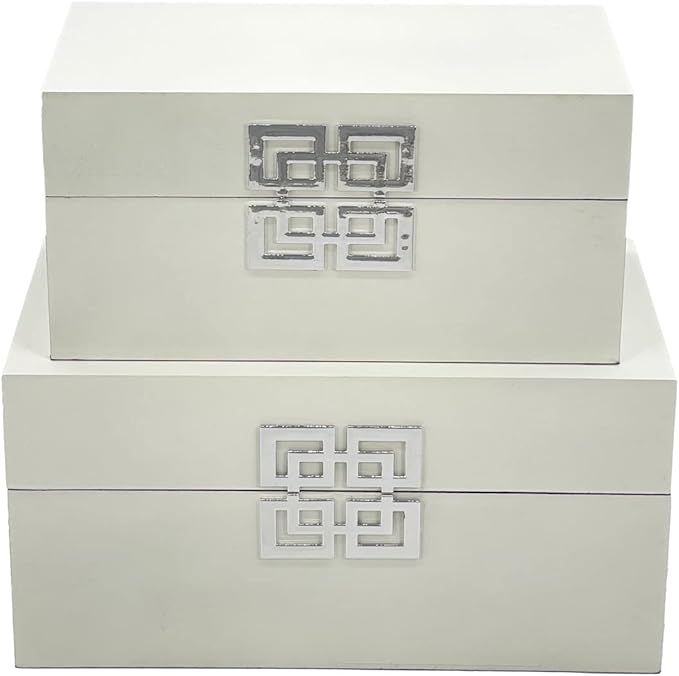 Galt International Storage Box Set Decorative Storage Box w/Hinged Lid Classic Design Wood Decor Boxes with Geometric Clasp Storage for Bedroom &amp Home - Set of 2 (White &amp Silver)