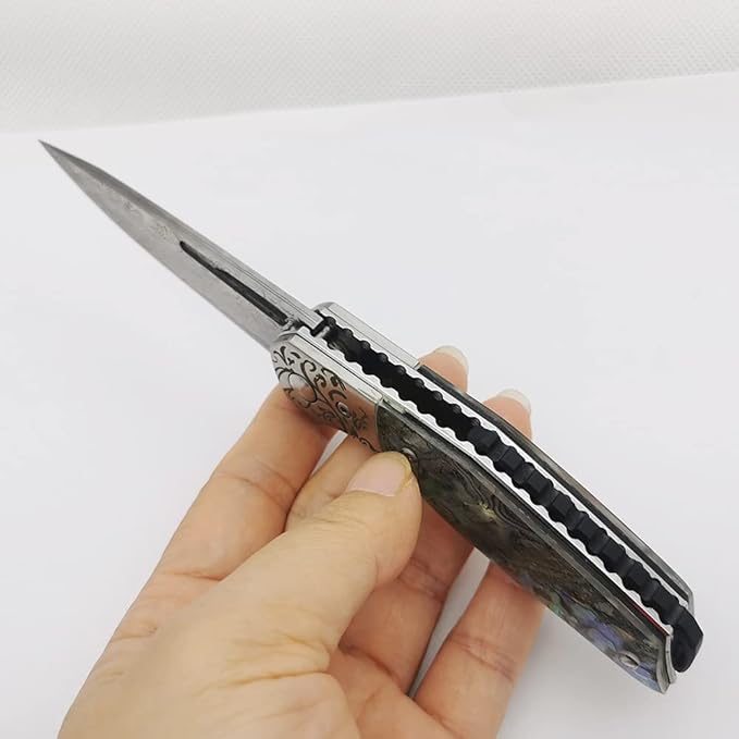 Pocket Knife Damascus Steel Blade Abalone Shell Handle Ball Bearing Pivot Sheath &amp Pocket Clip for Everyday and Outdoor Camping EDC tool Excellent Gift