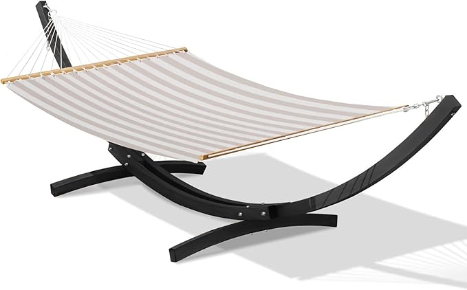 Lazy Daze Hammocks 12 FT 2 Person Double Quick Dry Textilene Hammock with Curved Steel Heavy Duty Stand for Outside Backyard Patio 450 Lbs Capacity Beige White Stripes