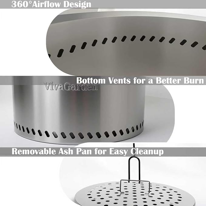 19.5 Inch Smokeless Fire Pit VivaGarden Outdoor Wood Burning Fire Pit with Carry Bag Stainless Steel Firepit for Camping Backyard Patio Bonfire &amp Garden Gatherings (Silver)