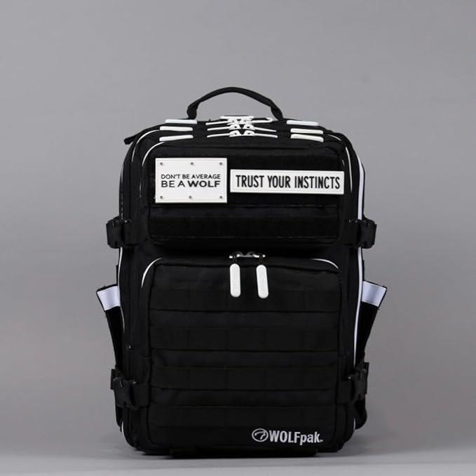 WOLFpak 25L Athletic Gym Backpack (Alpha Black w/White Accents) Durable 1000D Waterproof Oxford Material with MOLLE Webbing Laptop Pocket &amp Dual Cup Holders
