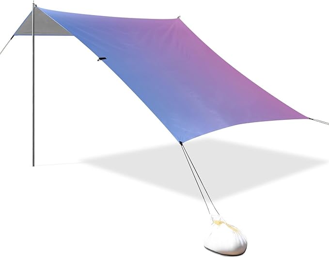 Pink Blue Gradient Foldable Beach Tent UPF50+ Protection Water-Resistant Large Sun Shelter Includes Sand Shovel Sandbags Stability Poles for Family Trips Picnics &amp Camping
