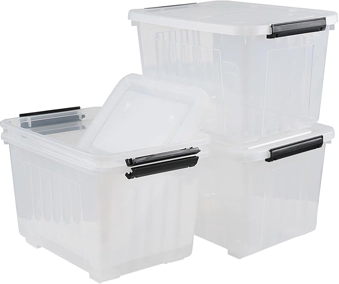 Wekioger Set of 4 Plastic Storage Box on Wheels 32 Quart Latch Storage Container Bin Clear