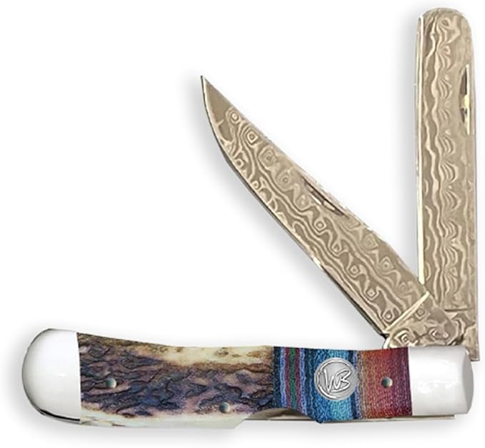 WHISKEY BENT HAT CO. Trapper &amp Locking Bullcutter Folding Pocket Knife 4.125 Closed Length 440C Stainless Steel Blades (Bandito - Damsascus Blades)
