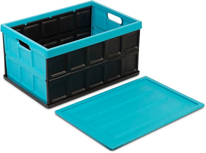Glad Collapsible Storage Bin with Lid - 48L Foldable Plastic Box for Garage Car Trunk and Organization - Stackable Lidded Container with Handles Turquoise