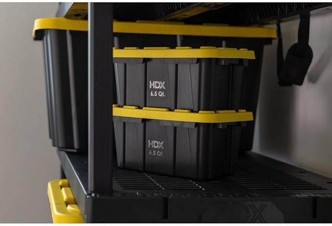 6.5 Quart (1.6 Gallon) Small Tough Storage Tote with Yellow Snap Lid Black Stackable &amp Nestable Heavy-Duty Plastic Organizing Bins 4-Pack