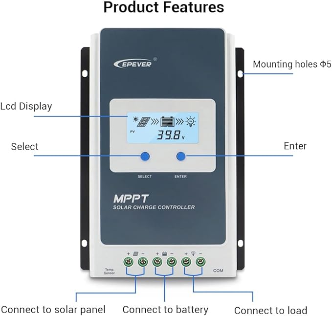 EPEVER 40A Solar Charge Controller MPPT 12V / 24V Auto Max.PV 100V Input Negative Ground Solar Panel Charge Regulator with MT50 Remote Meter Temperature Sensor RTS &amp PC Communication Cable RS485