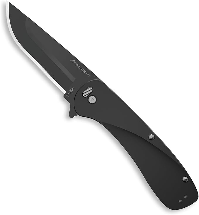 OUTDOOR EDGE RAZOR VX1 Black with 3 Black Drop Point Blades 1 Serrated Blade &amp 6 Sheepsfoot - Replaceable Blade EDC Folding Pocket Knife - 3 Stainless Blade Black Anodized Aluminum Handle