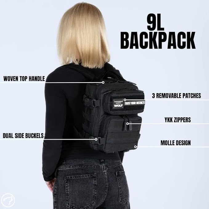 WOLFpak 9L Mini Tactical Backpack for Men &amp Women | Compact Small Everyday Carry Bag for Gym School Travel | Durable Water-Resistant Daypack with Molle System and Patch Panel (Black Venom)