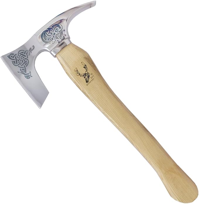 TheBoneEdge 18 Steel Etching Mirror Finished Blade Hunting Axe Wood Handle with Sheath