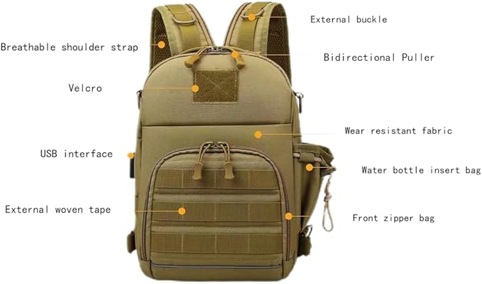 Sports Crossbody Bag Iarge Capacity Single Shoulder Dual Shoulder Tactical Backpack USB Port Design