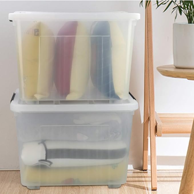 70 L Clear Plastic Large Storage Box with Wheels Set of 4 LargeLatch Plastic Box for Storage