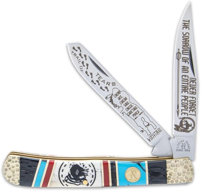 Trapper Knife - Trail of Tears | Pocket Knife for Men | Native American Collectible | 440 Stainless Steel Blades | Bone Handle Scales | Hammered Bolsters | Serialized &amp Limited Edition | Closed 4