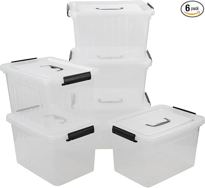 Zopnny 6-Pack 12 Quart Latch Box Stackable Organizer Bins with Latching Lids Clear Plastic Organization Containers for Closet Bedroom Shelving Units and Everyday Home Storage