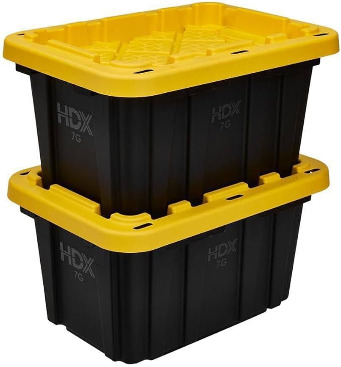 7 Gallon Heavy-Duty Stackable Storage Bins with Lids Black Professional Grade Organizers with Reinforced Yellow Snap-Fit Lids (Pack of 4)