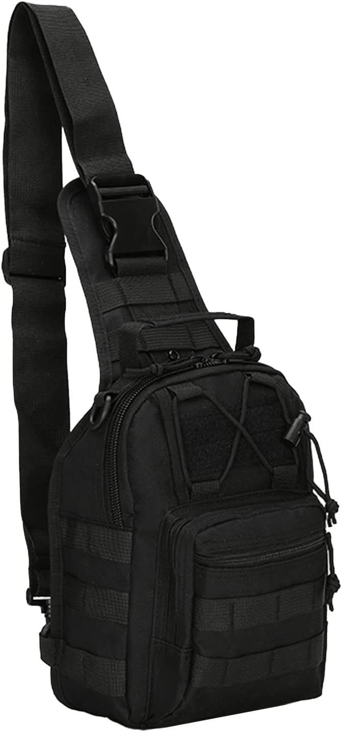 Tactical Crossbody Military Sling Bag Waterproof Oxford Shoulder Bag MOLLE Chest Bag Assault Back Pack One Strap Backpack for Outdoor Camp Hiking Cycling Running Black
