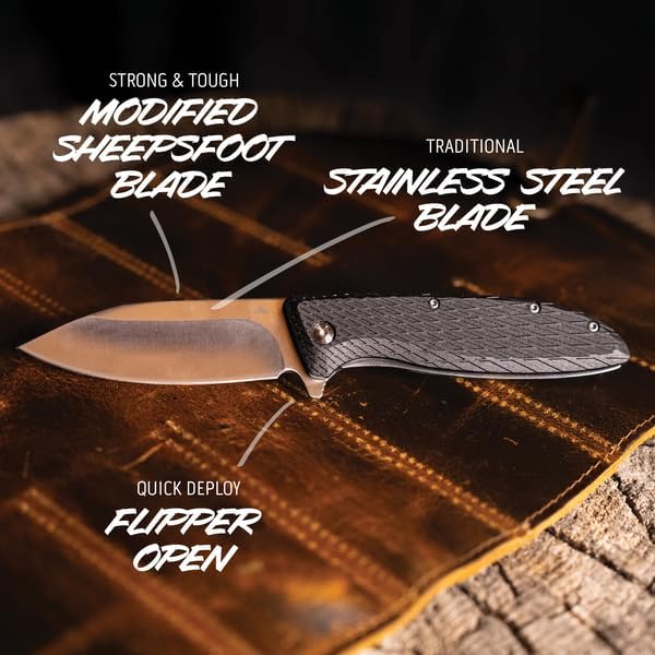 OUTDOOR EDGE Brutus 3.25 Folding Pocket Knife - Includes Sheepsfoot Blade Glass filled Nylon Handle with Lock Operation Ambidextrous Opening Mechanism for Men Camping Fishing &amp Hunting