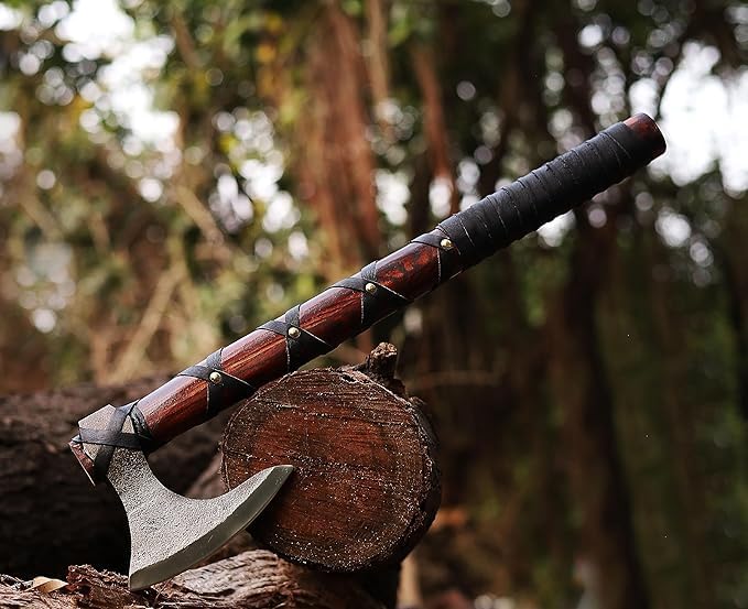Viking Axe | Hand-Forged Carbon Steel Tomahawk with Rosewood Handle &amp Leather Sheath Bearded Axe for Camping Bushcraft Throwing Gifts for Men (Brown)
