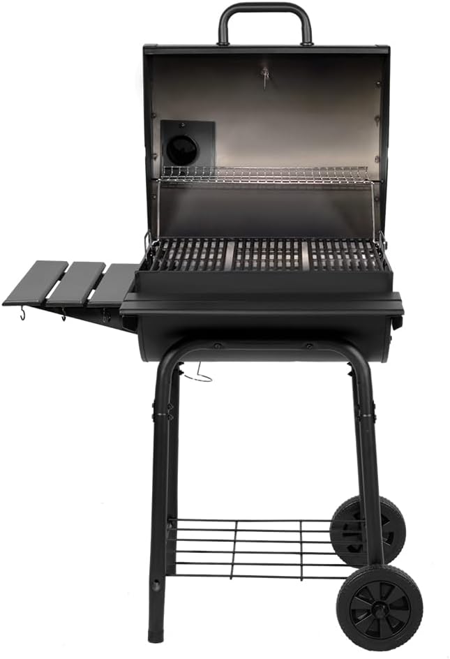Char-Griller® Wrangler® Charcoal Grill in Black with Metal Shelves EasyDump™ Ash Pan Premium Wood Front and Side Shelves with Utensil Hooks 640 Cooking Square Inches in Black Model 2823
