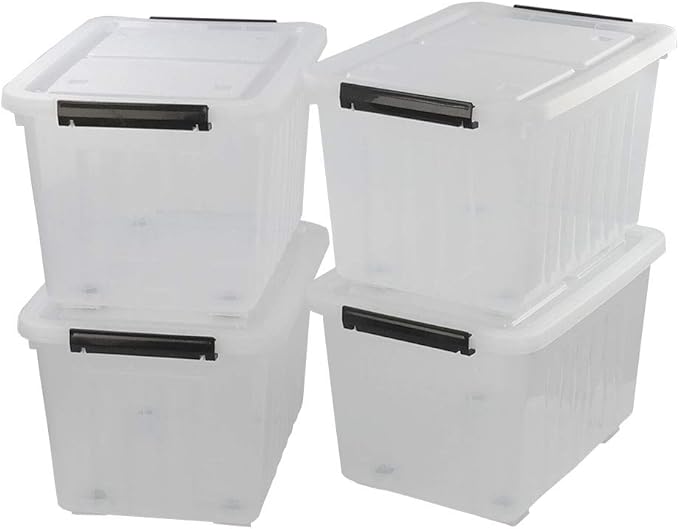 30 L Ultra Latching Box Storage Bins with Lids Clear Plastic Organizing Containers for Closet Bathroom and Office
