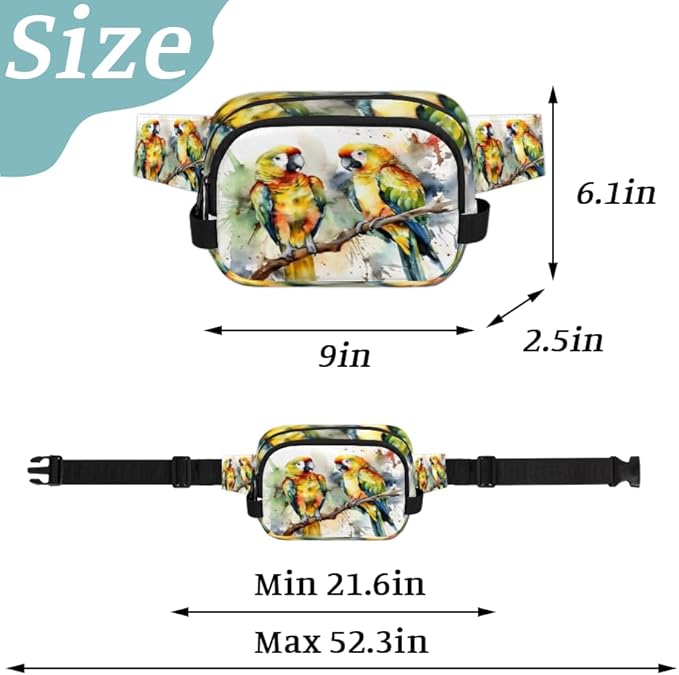 Watercolor Bird Tree Branch Waterproof Fanny Pack for Women Men Adjustable Waist Bag with Double Zipper Pockets Lightweight Square Hip Pack for Running Travel Hiking Workout Cycling