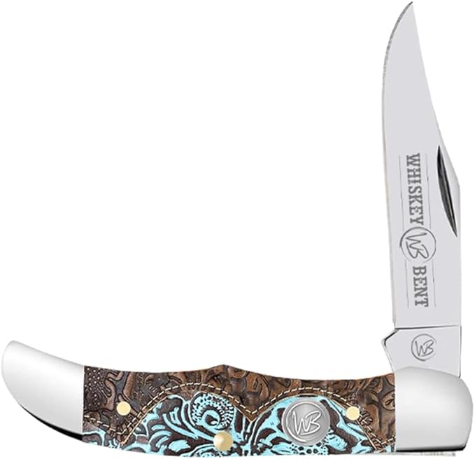 WHISKEY BENT HAT CO. Mini Hunter Folding Pocket Knife 2.75 Closed Length 440C Stainless Steel Blade (Tooled Country)