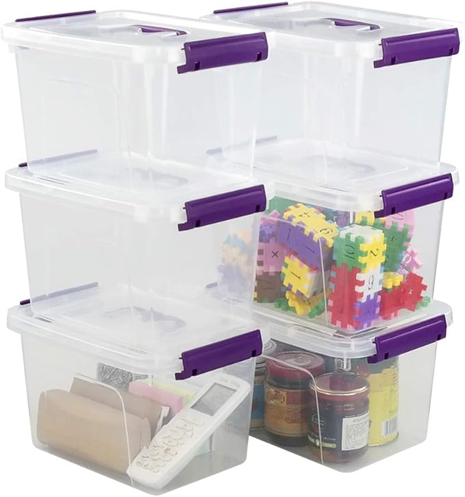 Farmoon 6 Quart Clear Storage Bin Small Plastic Stackable Box/Cotainer with Lid and Purple Handle 6 Packs