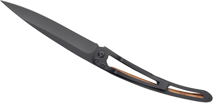 deejo - 37G Folding Pocket Knife with Belt Clip - Trout Design 3.7-Inch Stainless Steel Blade Black Titanium Finish Juniper Wood Handle - Lightweight Everyday Carry for Home Work and Outdoor Use