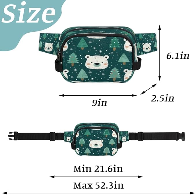 Bears Trees Snowflakes Waterproof Fanny Pack for Women Men Adjustable Waist Bag with Double Zipper Pockets Lightweight Square Hip Pack for Running Travel Hiking Workout Cycling