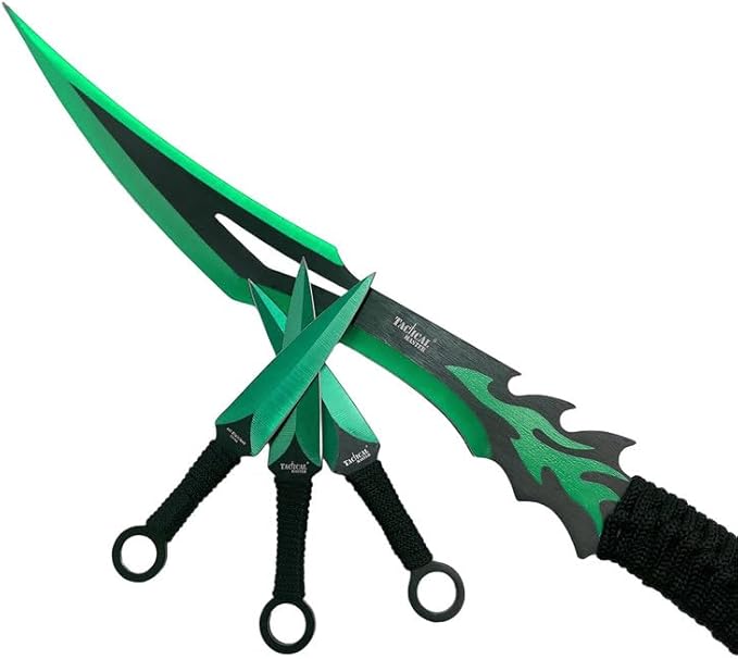 Tactical Flame Skull Machete with 3 Throwing Knives Set