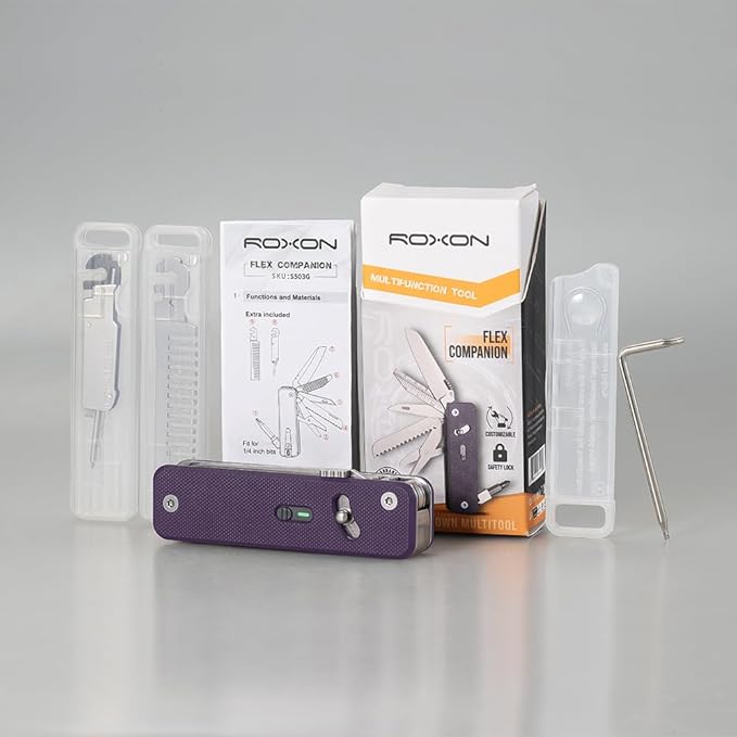 ROXON S503G 9 in 1 Mini Multi Tool EDC Pocket Knife Multitool with G10 HandleScissorsScrewdriverThreaderAwl Flat ScrewdriverRulerTweezers for Outdoors Fishing CampingGifts for Men (Purple)