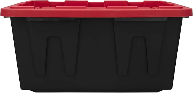 (Pack of 4) 27-Gallon Heavy Duty Plastic Storage Container Bin with Secure Snap Lid Black and Red Large Capacity Tote for Organization