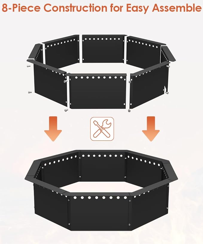 Mocomax Smokeless Fire Pit Ring 32-Inch Outer 28-Inch Inner Diameter Large Solid Steel Firepit Liner for Outside Wood Burning DIY Campfire Ring Above or In-Ground for Outdoor Octagonal