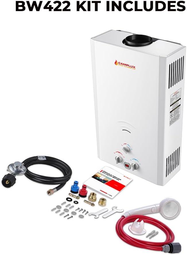CAMPLUX Outdoor Tankless Water Heater Propane 4.22 GPM Propane Tankless Water Heater 16L Outdoor Water Heater for Camping Remote Cabins Tiny House &amp Mobile Home 110000 BTU BW422
