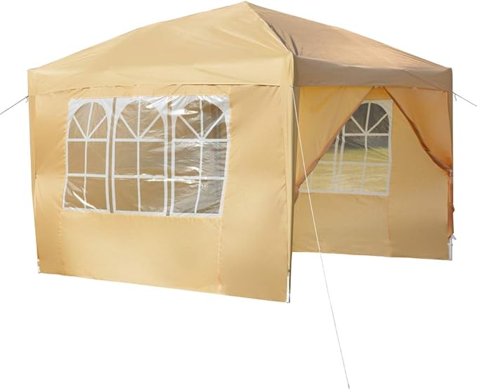Pop Up Canopy with 4 Sidewalls 4 Ropes 8 Stakes Adjustable Legs for Events Parties and Camping(118×118×100.39) (Khaki)