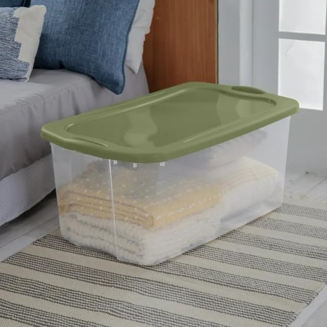 Extra Large 120 Quart Storage Bin - Green Clear Plastic Container with Snap-On Lid - Carry Handles - Heavy Duty Stackable Design for Garage Holiday Decor &amp Sports Equipment
