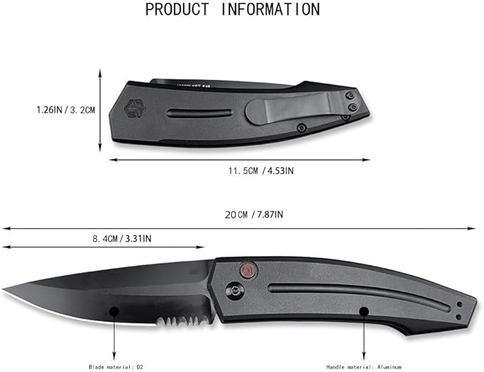 3.31'' D2 Steel Blade Aluminum Handles Manual Opening Folding Knife with Pocket Clip Camping EDC Tools Survival Knives Christmas Gift for Men and Women (Black Serrated Blade)