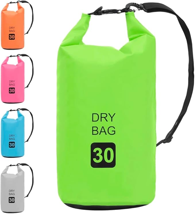 Waterproof Dry Bag 7.9 Gallon PVC Green for Outdoor Activities Lightweight Durable Backpack with Adjustable Shoulder Straps Protects Valuables from Water Sand Dust