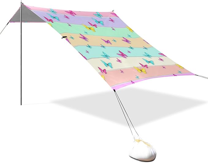 xigua Butterfly Beach Tent Sun Shelter with Carrying Bag - Silver Coated Oxford Fabric Beach Canopy for Beach Camping Fishing - Includes Windproof Ropes Sandbags &amp Stakes