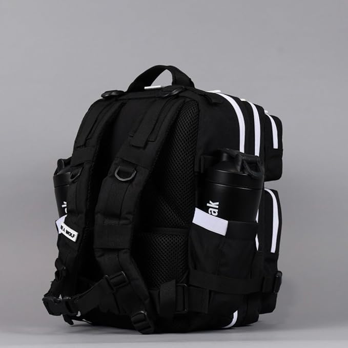 WOLFpak 25L Athletic Gym Backpack (Alpha Black w/White Accents) Durable 1000D Waterproof Oxford Material with MOLLE Webbing Laptop Pocket &amp Dual Cup Holders