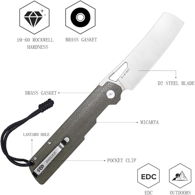 D2 Steel Pocket Knife Folding Chef Knife for ManMicarta Handle with Pocket Clip. 4.01 Camping Knife for Outdoor Cooking Fishing Hiking &amp EDC.59-60 HRC Satin Blade. XUN119A-JGMS