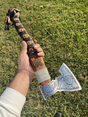 MJ Custom Forged Carbon Steel Viking Axe with Rose Wood Shaft Viking Bearded Camping Axe Tomhawk Ready Battle Axe Black